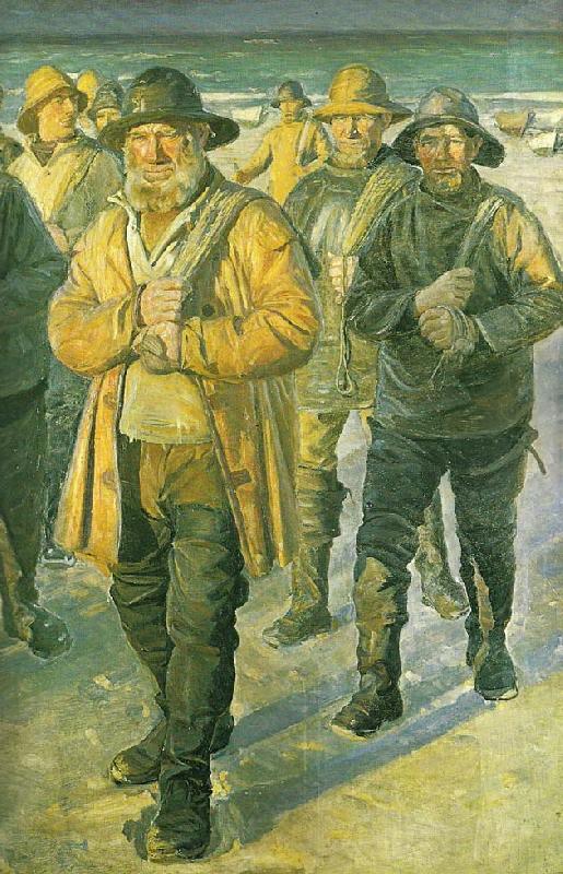 Michael Ancher fiskere pa vej hjem fra nordstranden i aftenbelysning Norge oil painting art